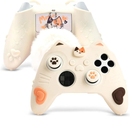 Geekshare Cat Paw Controller Skin Grips Set Anti-Slip Silicone Protective Cover Skin Case Compatible with Xbox Series X Controller with 2 Thumb Caps & 2 Button Caps & 1 Fluffy Ball & 2 Sticker-Calico