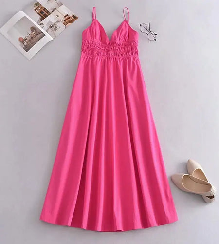 Green Cotton V Neck Summer Women's Dress