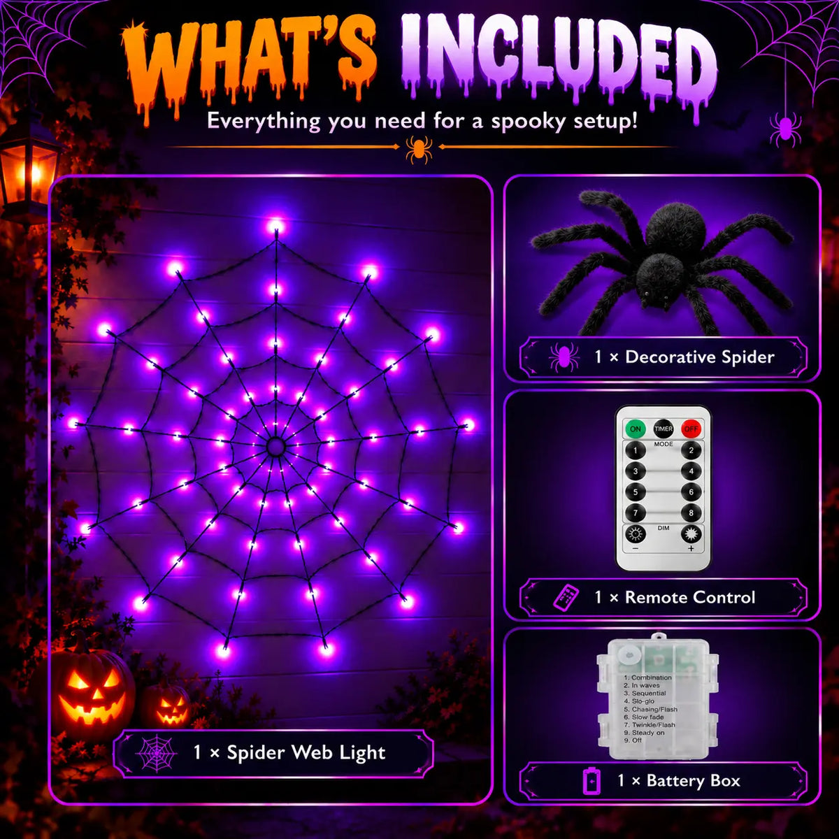 Halloween Spider Web LED Lights, 47In Battery-Powered Set with Remote Control, 8 Lighting Modes, Purple Fuzzy Spider, Glow Effect for Spooky Vibe Wall, Porch, Bedroom Inspo Festive Decor
