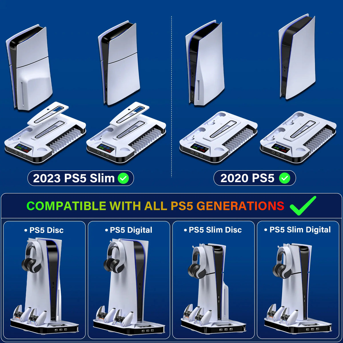 PS5 Cooling Station with Dual Controller Charging Base, 3-Level Silent Cooling Fan, Vertical Stand for Ps5/Slim/Pro Disc & Digital, Christmas Gifts