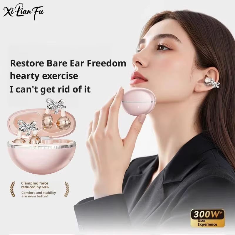 Clip-On Earbuds Wireless Bluetooth Open Ear Headphones with Detachable Crystal Bowknot Earrings, for Sports, Fitness & Workouts