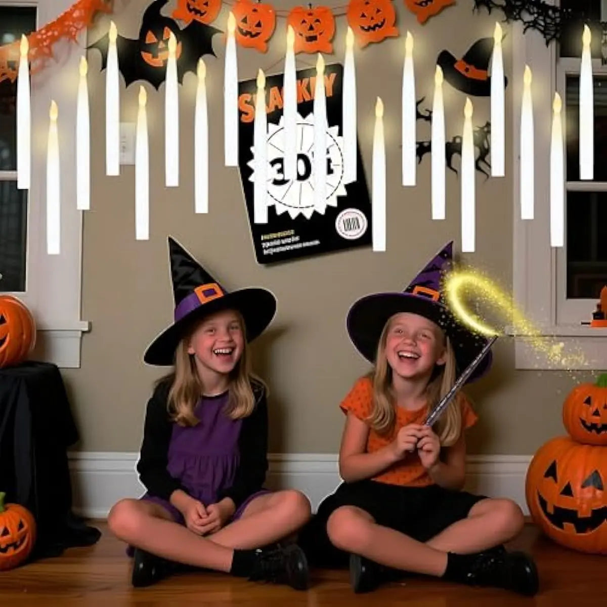 20Pcs Halloween Floating Candles with Wand Remote Flickering Warm Light Taper Magic Hanging Candles with 2 Light Mode and Timer Flameless LED Candle for Halloween Window Decorations Party Gift,Decorative Lights