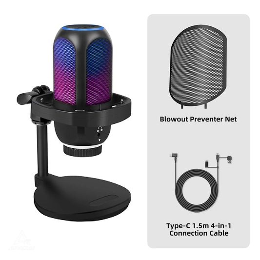 APAKAI 001 Wired USB Microphone RGB Condenser Gaming Mic with Mechanical Arm, USB Type-C Cable, Compact Stand, Quick Mute, Noise Reduction, Volume Control, Gaming Accessories, PC Accessories for Laptops, Mobile Streaming