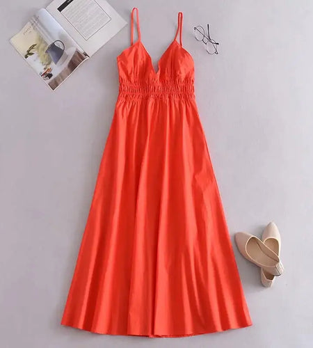 Green Cotton V Neck Summer Women's Dress