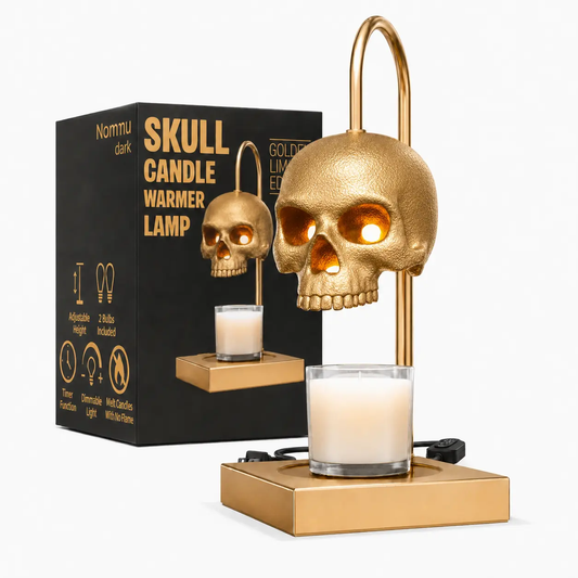 Nomnu Golden Skull Metal Candle Warmer Lamp - Antique Baroque Jar Fragrance Wax Warmer with Timer, Dimmer, Height Adjuster, Gold Gothic Desk/Vanity Light for Witchy Decor