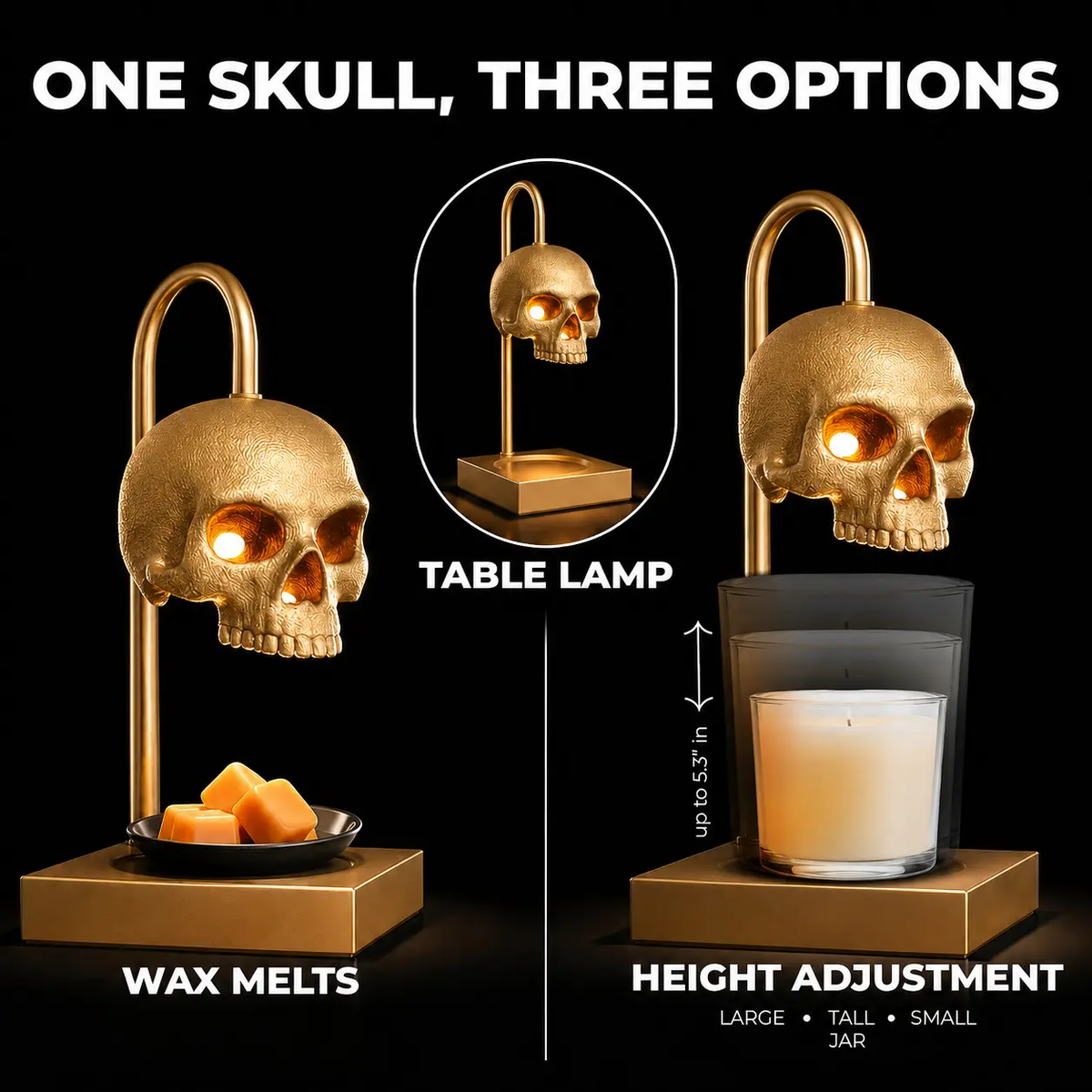Nomnu Golden Skull Metal Candle Warmer Lamp - Antique Baroque Jar Fragrance Wax Warmer with Timer, Dimmer, Height Adjuster, Gold Gothic Desk/Vanity Light for Witchy Decor