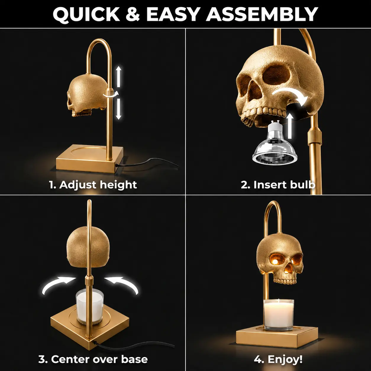 Nomnu Golden Skull Metal Candle Warmer Lamp - Antique Baroque Jar Fragrance Wax Warmer with Timer, Dimmer, Height Adjuster, Gold Gothic Desk/Vanity Light for Witchy Decor