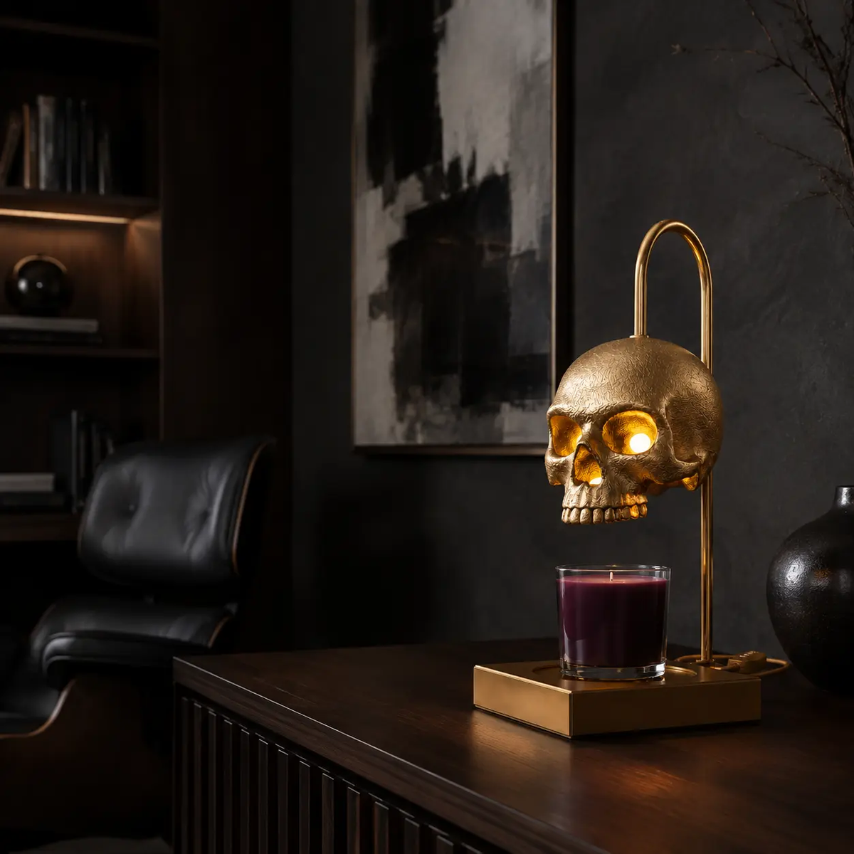 Nomnu Golden Skull Metal Candle Warmer Lamp - Antique Baroque Jar Fragrance Wax Warmer with Timer, Dimmer, Height Adjuster, Gold Gothic Desk/Vanity Light for Witchy Decor