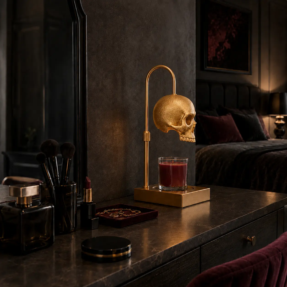 Nomnu Golden Skull Metal Candle Warmer Lamp - Antique Baroque Jar Fragrance Wax Warmer with Timer, Dimmer, Height Adjuster, Gold Gothic Desk/Vanity Light for Witchy Decor