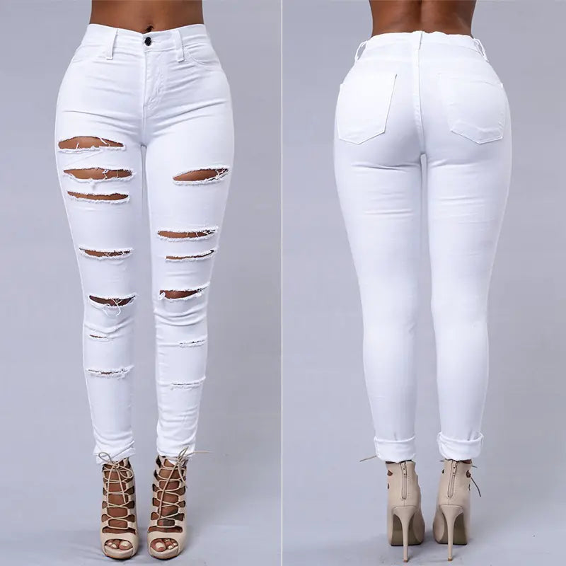 High Waist Women's Ripped Denim Skinny Jeans