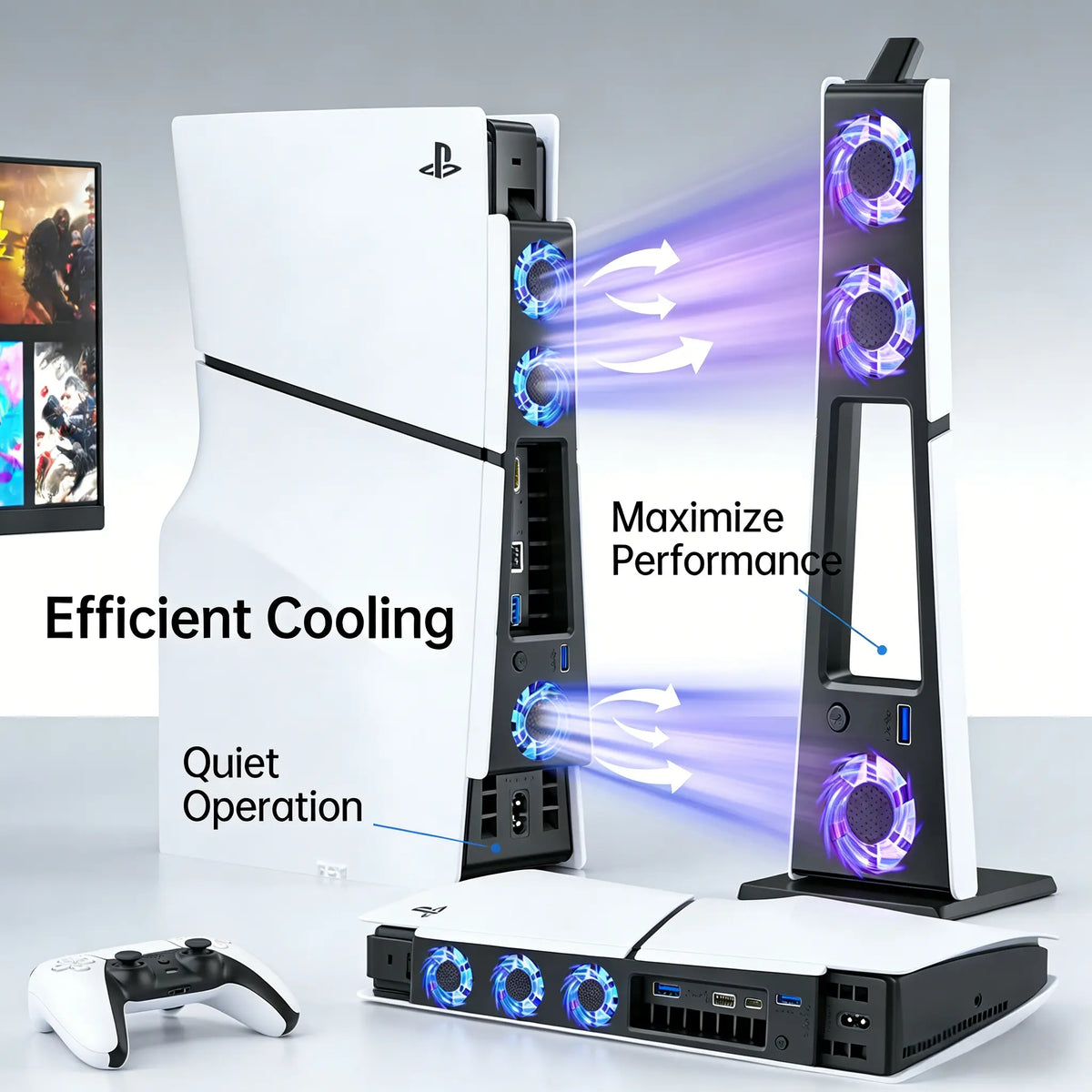 PS5 Slim ABS Cooling Fan with LED Light - Silent USB Temperature-Controlled External Plug & Play Gaming Accessory for PS5 Slim Console, Gaming Items, Electronics Cooling Product