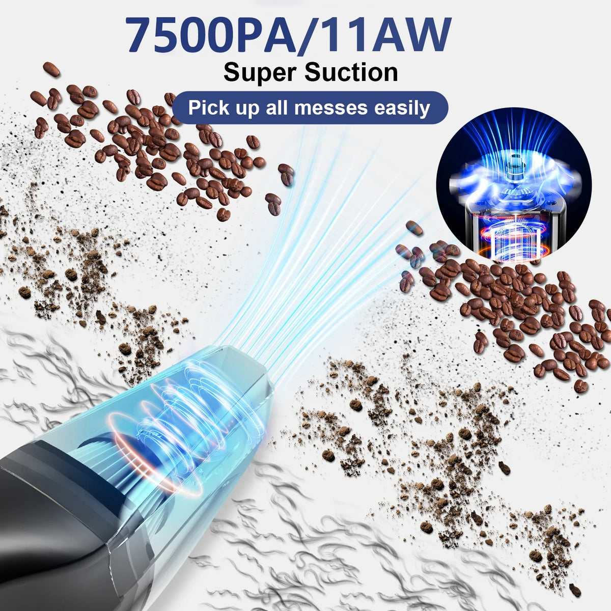 Portable Car Vacuum Cleaner, 120W Cordless Handheld Vacuum 7.5KPA Powerful Wet Dry Vac Multi-Purpose for Home Car Pet Hair