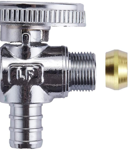 2 Pack Premium Lead-Free Brass 1/2 Inch Pex X 3/8 Inch OD Compression Quarter Turn Angle Stop Valve with 2 PCS PEX Clamp Ring
