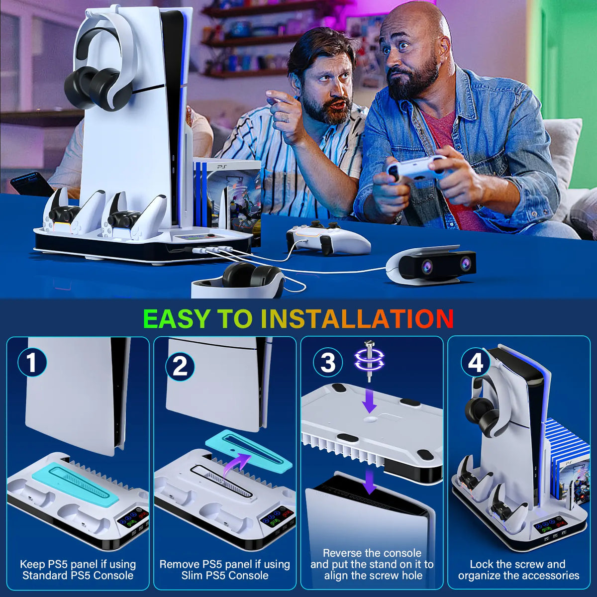 PS5 Cooling Station with Dual Controller Charging Base, 3-Level Silent Cooling Fan, Vertical Stand for Ps5/Slim/Pro Disc & Digital, Christmas Gifts
