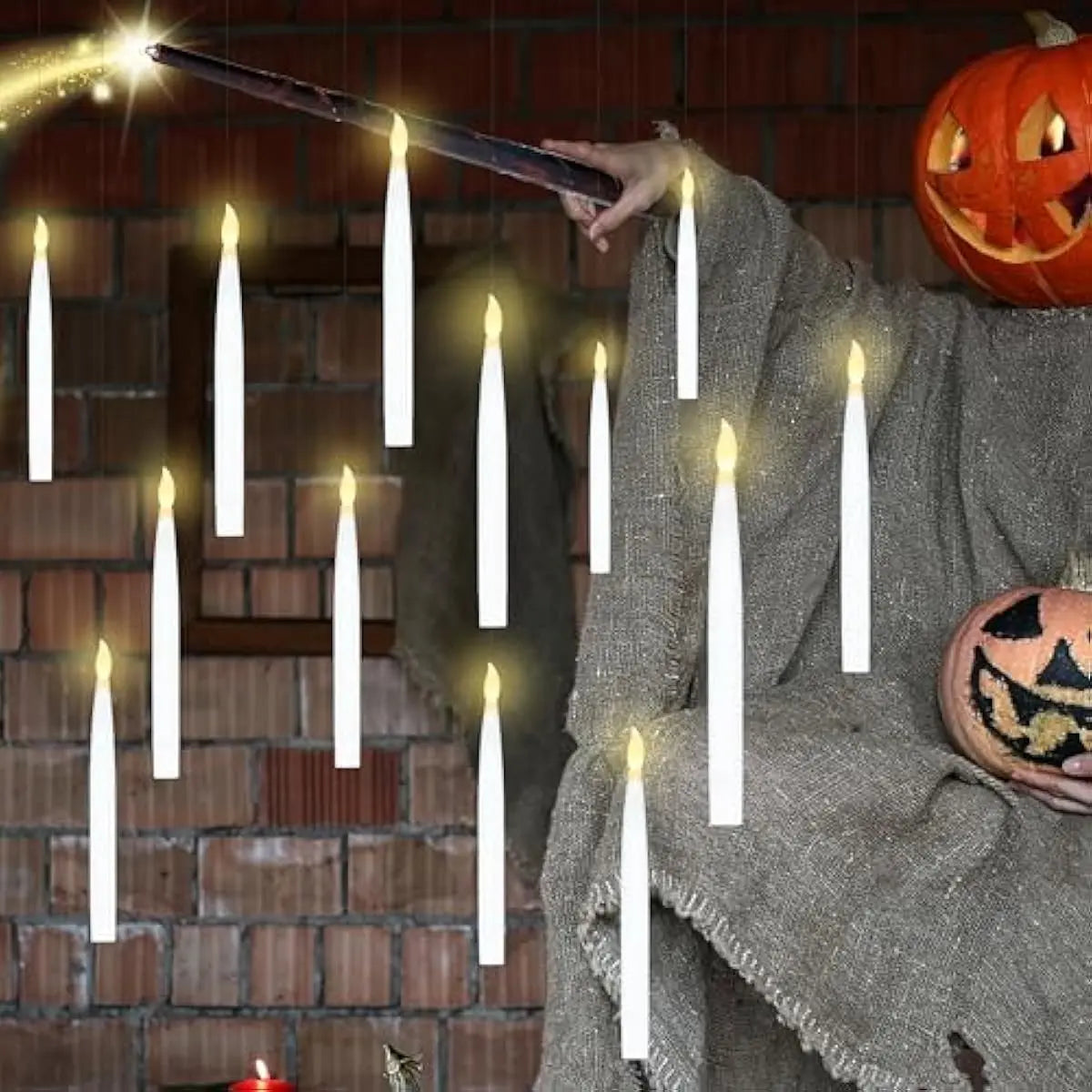 20Pcs Halloween Floating Candles with Wand Remote Flickering Warm Light Taper Magic Hanging Candles with 2 Light Mode and Timer Flameless LED Candle for Halloween Window Decorations Party Gift,Decorative Lights