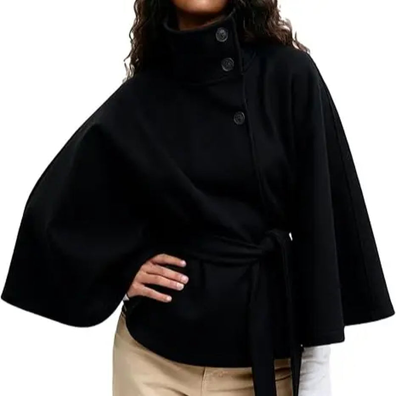 Yeezaa Poncho Pea Coat for Women Wool Blend Oversized Belted 2026 Fashion Fall Winter Elegant Stand Collar Cropped Cape Jacket Batwing Sleeve Trendy Casual Outerwear Overcoat