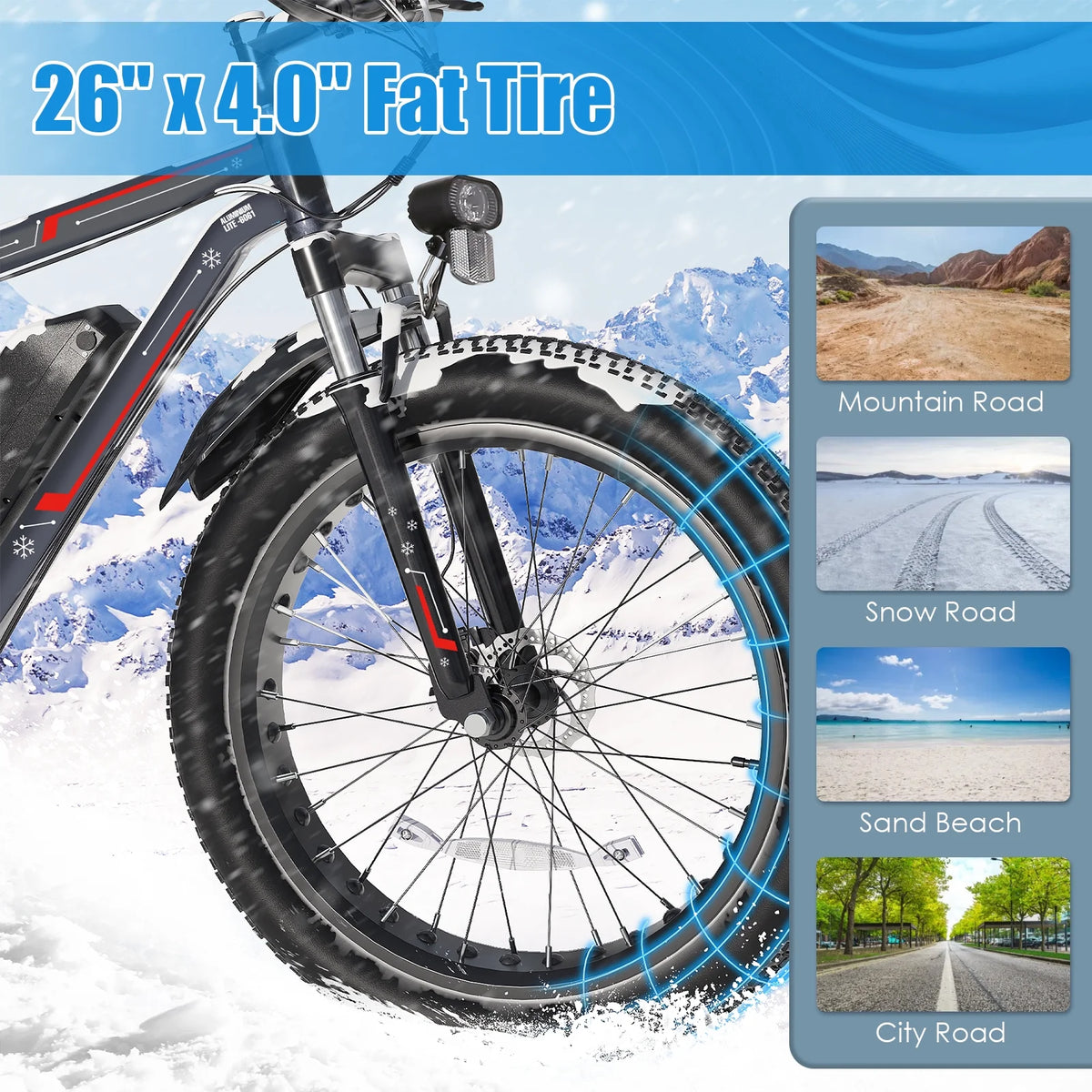 Elifine 26"X4.0 Fat Tire Electric Bike, 624Wh Battery, 48V 500W Ebike Electric Mountain Bike, Cruise Control Mode, Adult E Bikes for Men, LCD Meter, 7-Speed Snow Bike Beach E-Bike for Adults UL2849