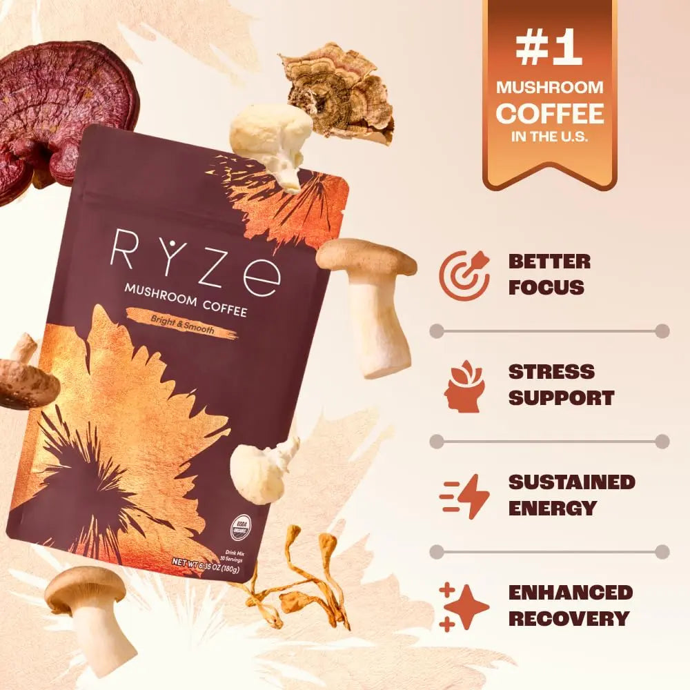 Organic Mushroom Instant Coffee - Medium Roast Adaptogenic Blend with 6 Mushrooms (Lion'S Mane, Turkey Tail, Cordyceps), 30 Servings, Gluten-Free Vegan Energy & Immunity Support Drink