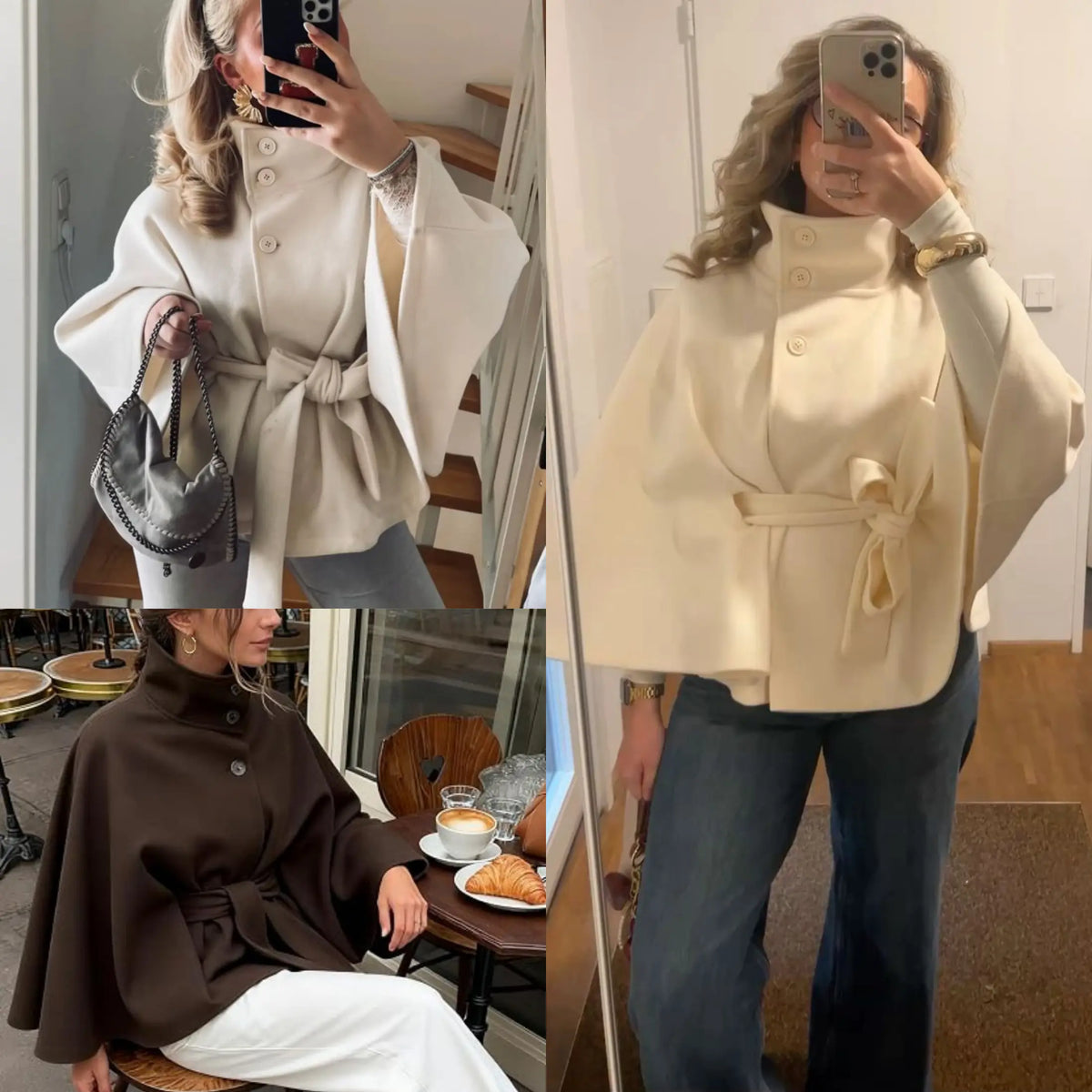 Yeezaa Poncho Pea Coat for Women Wool Blend Oversized Belted 2026 Fashion Fall Winter Elegant Stand Collar Cropped Cape Jacket Batwing Sleeve Trendy Casual Outerwear Overcoat