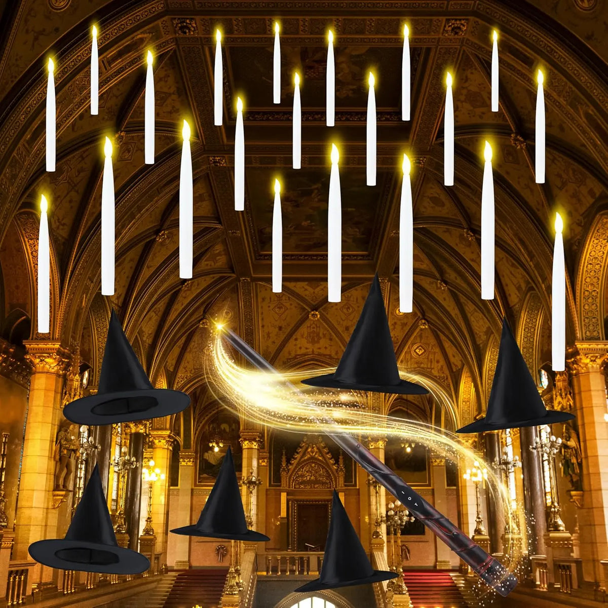 20Pcs Halloween Floating Candles with Wand Remote Flickering Warm Light Taper Magic Hanging Candles with 2 Light Mode and Timer Flameless LED Candle for Halloween Window Decorations Party Gift,Decorative Lights