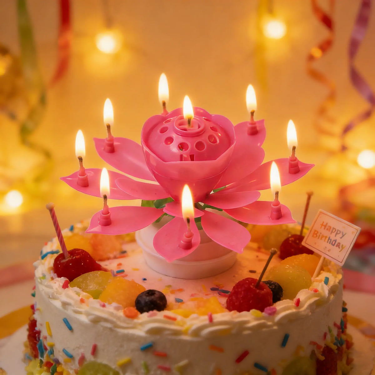 Pink Auto-Blooming Rotating Flower Birthday Cake Candles, Musical Home Decor Supplies, Plays "Happy Birthday" Song, Ideal for Party Celebrations