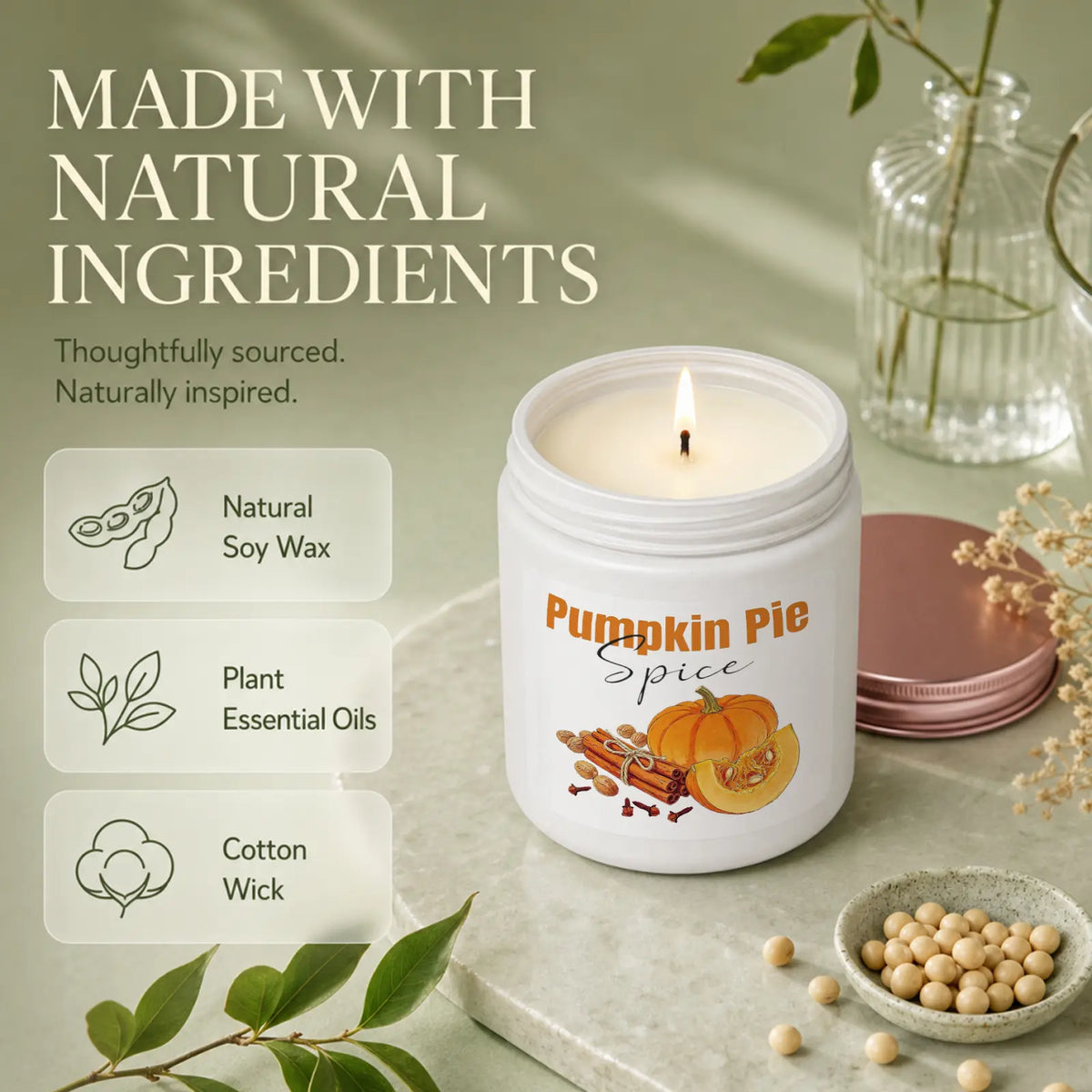 1Pc Handmade Soy Candle, Pumpkin Pie Spice Design, Scented Soy Wax Aromatherapy Candle, Cozy Fall Home Fragrance, Autumn Thanksgiving Gift, Kitchen Bedroom Living Room Decor, Birthday Christmas Gift
