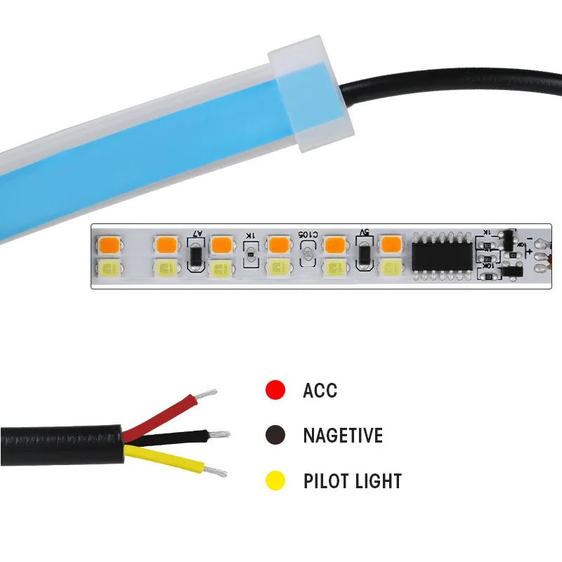 2Pcs 12V LED DRL Car Daytime Running Light Flexible Waterproof Strip Auto Headlights White Turn Signal Yellow Brake Flow Lights