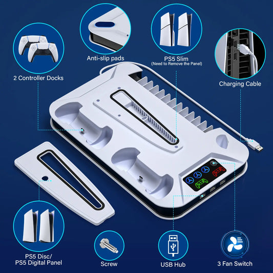 PS5 Cooling Station with Dual Controller Charging Base, 3-Level Silent Cooling Fan, Vertical Stand for Ps5/Slim/Pro Disc & Digital, Christmas Gifts