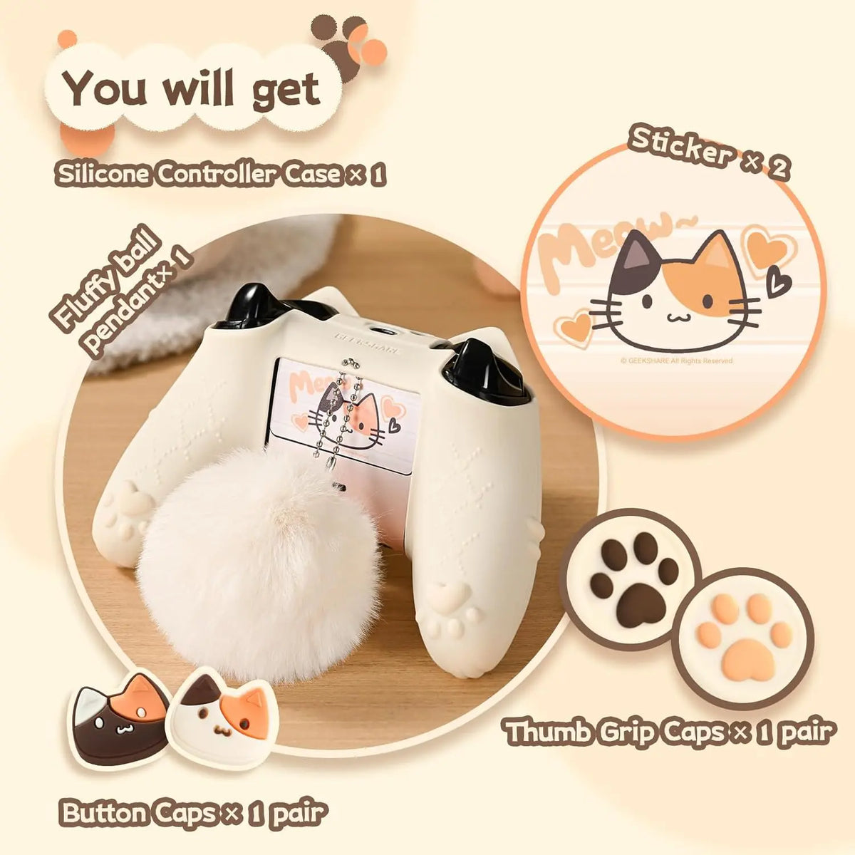Geekshare Cat Paw Controller Skin Grips Set Anti-Slip Silicone Protective Cover Skin Case Compatible with Xbox Series X Controller with 2 Thumb Caps & 2 Button Caps & 1 Fluffy Ball & 2 Sticker-Calico