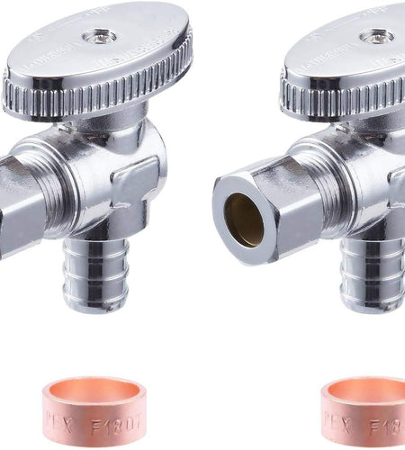 2 Pack Premium Lead-Free Brass 1/2 Inch Pex X 3/8 Inch OD Compression Quarter Turn Angle Stop Valve with 2 PCS PEX Clamp Ring