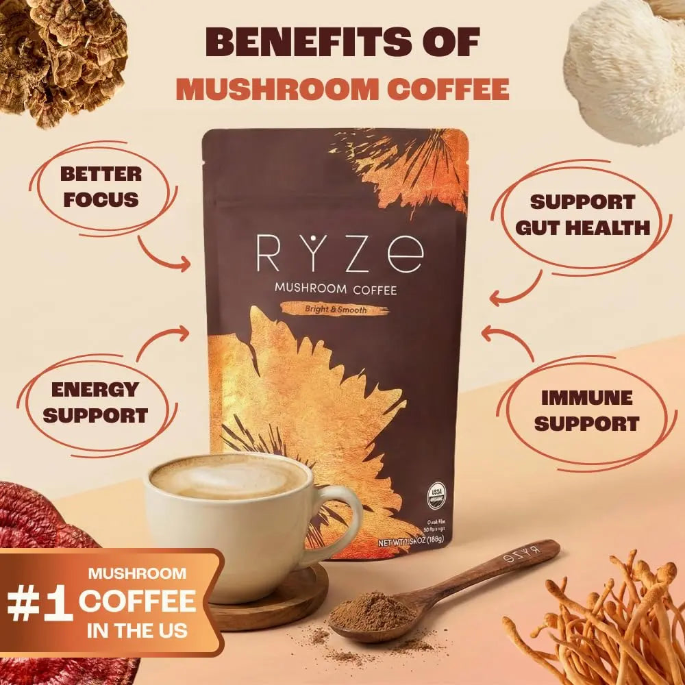Organic Mushroom Instant Coffee - Medium Roast Adaptogenic Blend with 6 Mushrooms (Lion'S Mane, Turkey Tail, Cordyceps), 30 Servings, Gluten-Free Vegan Energy & Immunity Support Drink