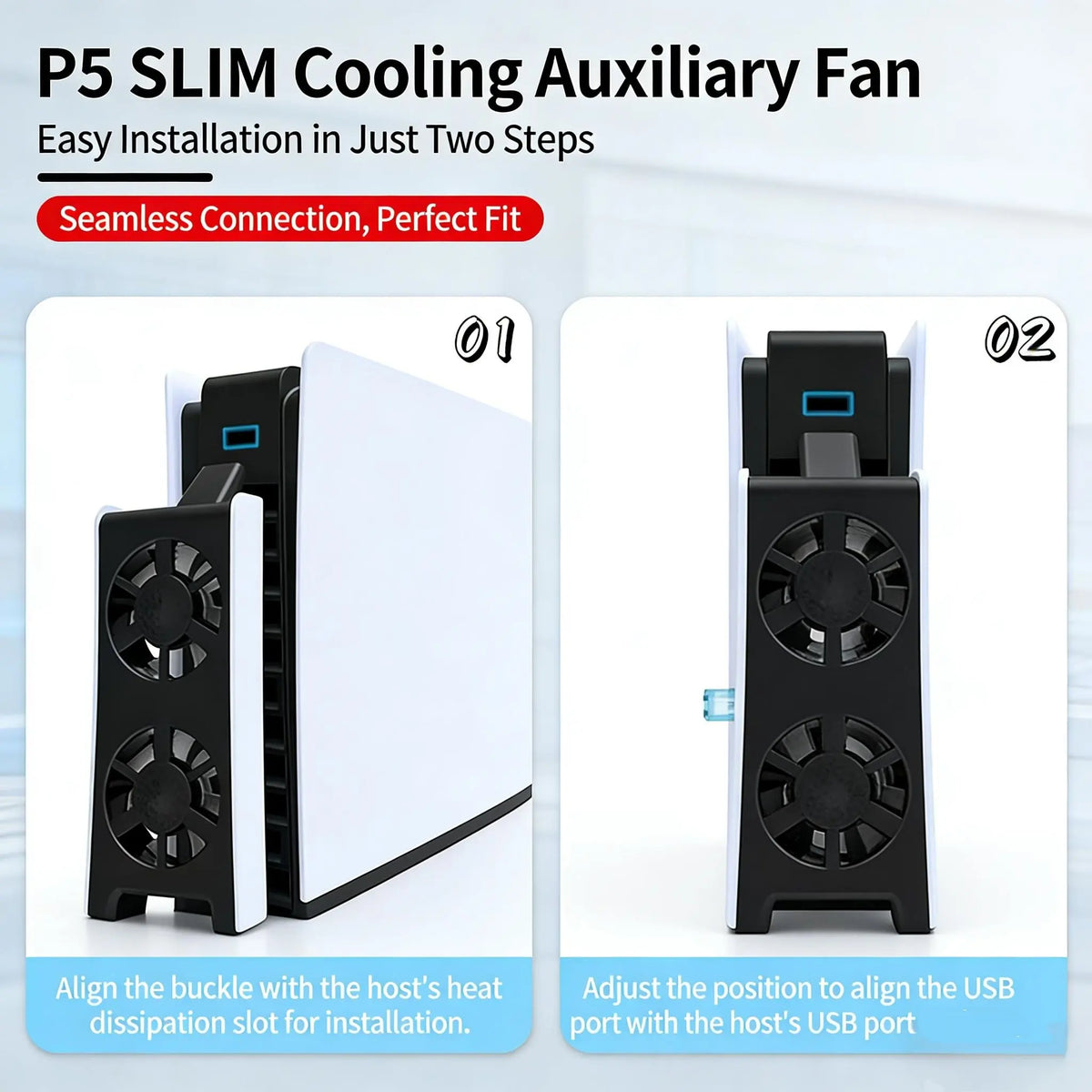 PS5 Slim ABS Cooling Fan with LED Light - Silent USB Temperature-Controlled External Plug & Play Gaming Accessory for PS5 Slim Console, Gaming Items, Electronics Cooling Product