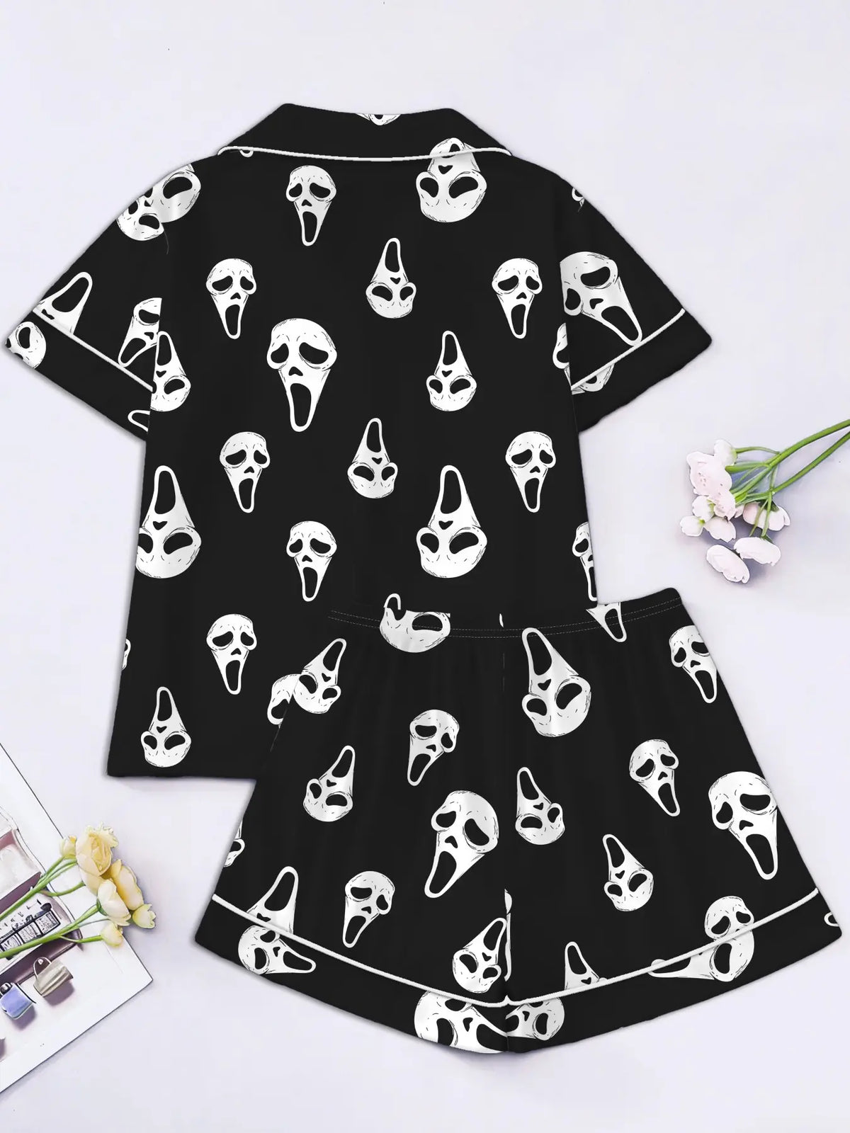 Women'S Short Sleeve Sleepwear Set, Halloween Skull Print, Casual Fitted above Knee, All Seasons, Daily Home Wear