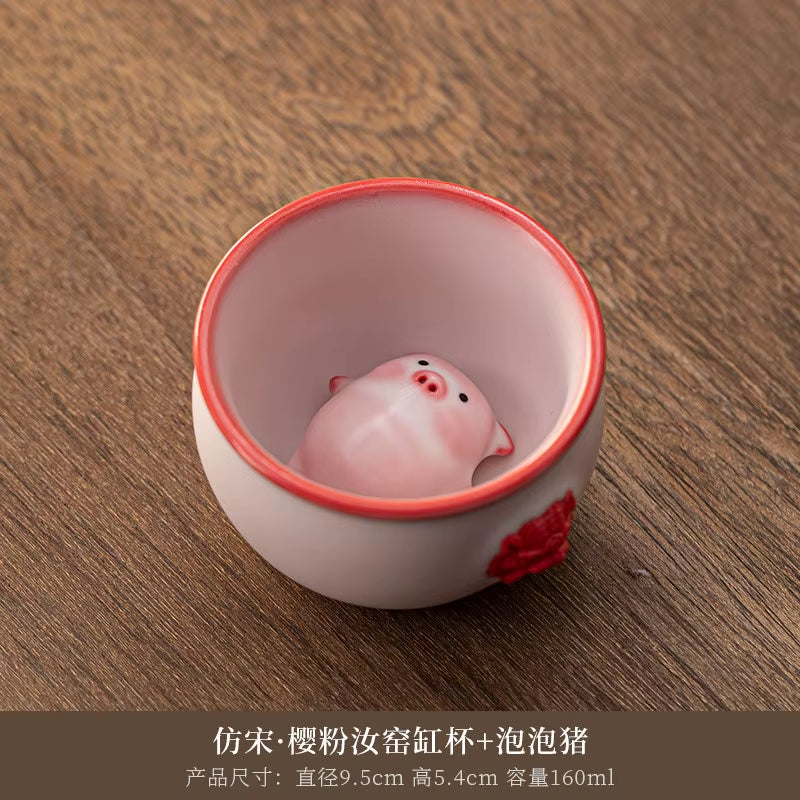 Bubble-Blowing Pig Tea Pet, Celadon Glaze Teacup,Creative Gongfu Tea Set | Unique Gift