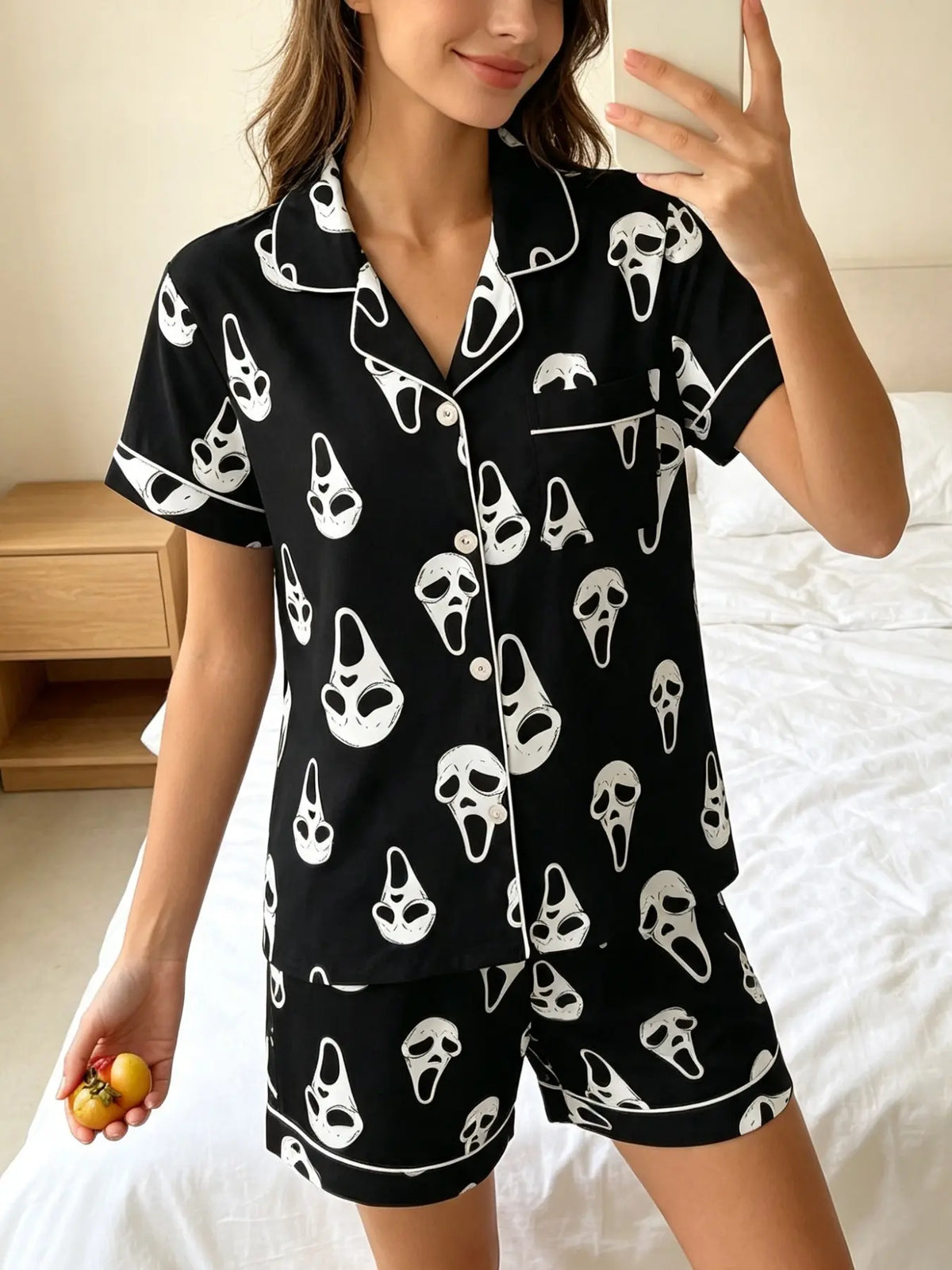 Women'S Short Sleeve Sleepwear Set, Halloween Skull Print, Casual Fitted above Knee, All Seasons, Daily Home Wear