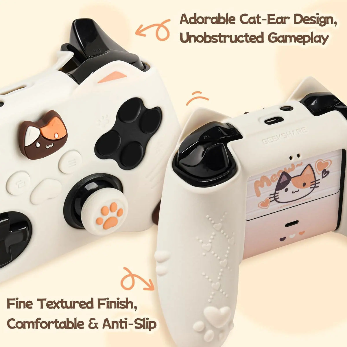 Geekshare Cat Paw Controller Skin Grips Set Anti-Slip Silicone Protective Cover Skin Case Compatible with Xbox Series X Controller with 2 Thumb Caps & 2 Button Caps & 1 Fluffy Ball & 2 Sticker-Calico