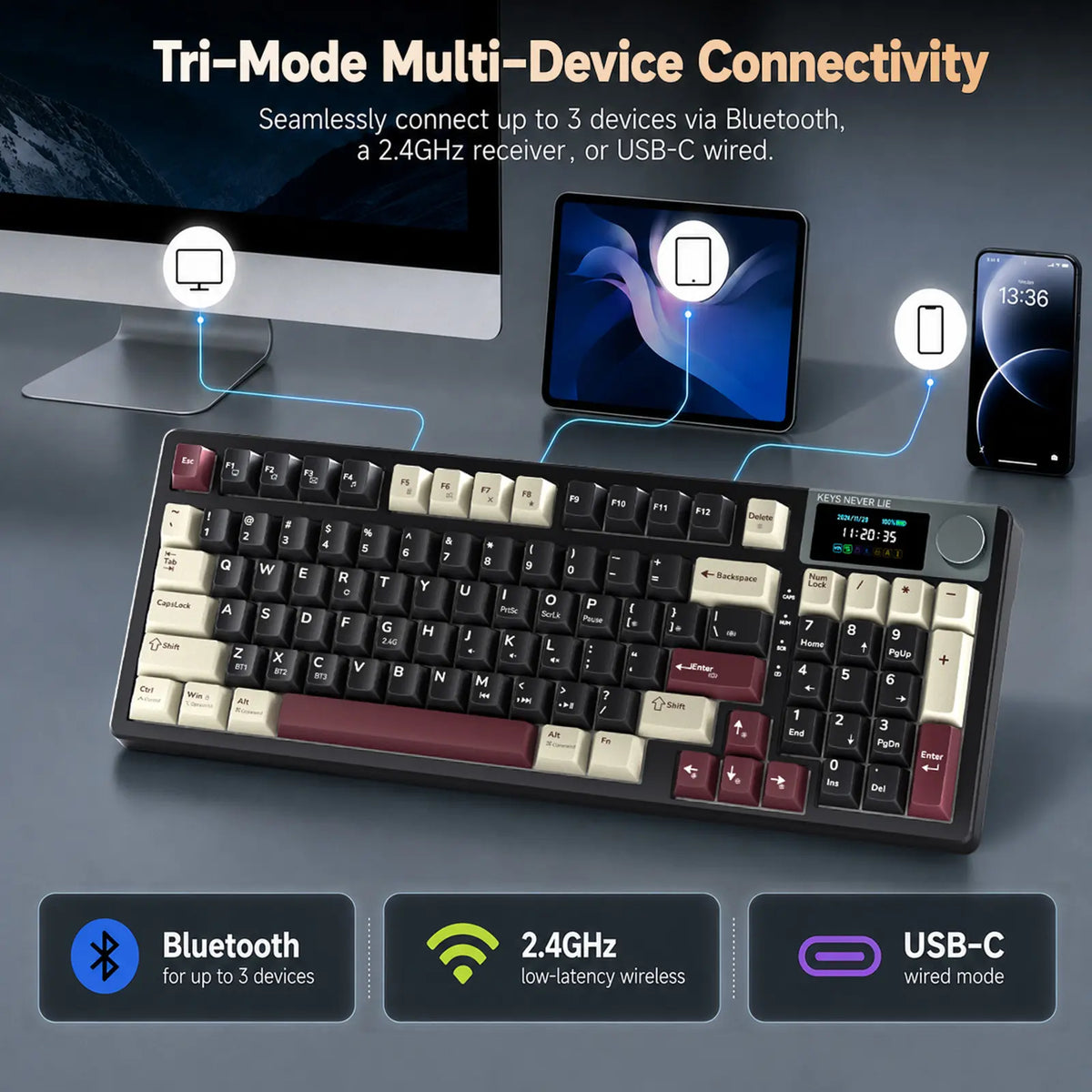 [NEW] Kemove K94 QMK Programmable Wireless Mechanical Keyboard, 94-Key Gaming Keyboard with Knob & LCD Screen, Tri-Mode RGB Lights, Hot Swappable Creamy-Sounding for Pc/Laptop/Windows Gift