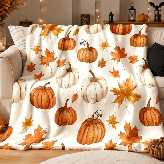 Watercolor Fall Pumpkin & Maple Leaf Flannel Fabric Throw Blanket - Soft, Cozy, Warm Fuzzy Plush, Farmhouse Look for Living Room Decor, Perfect Holiday Gift for Women, Ideal for Home Relaxation