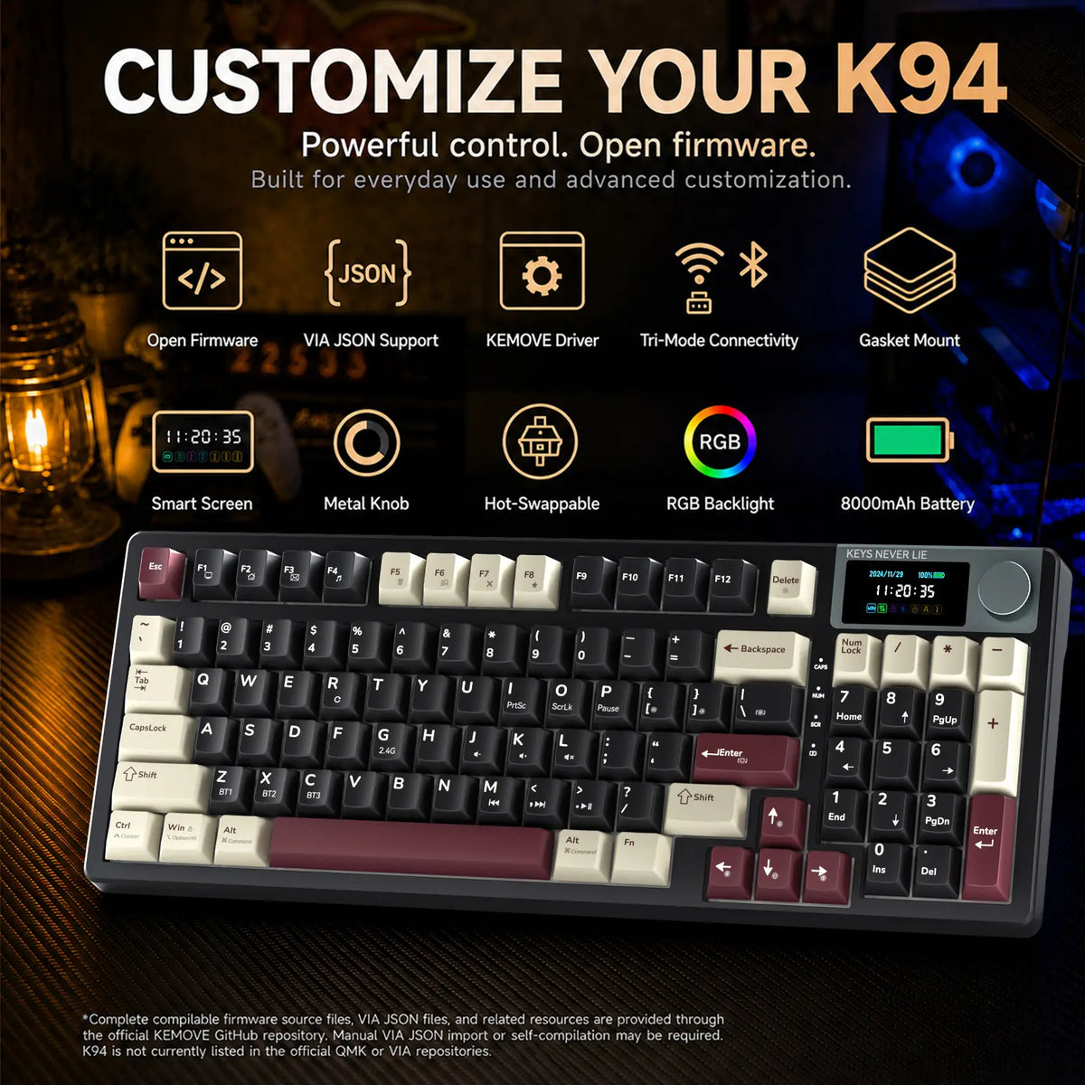 [NEW] Kemove K94 QMK Programmable Wireless Mechanical Keyboard, 94-Key Gaming Keyboard with Knob & LCD Screen, Tri-Mode RGB Lights, Hot Swappable Creamy-Sounding for Pc/Laptop/Windows Gift