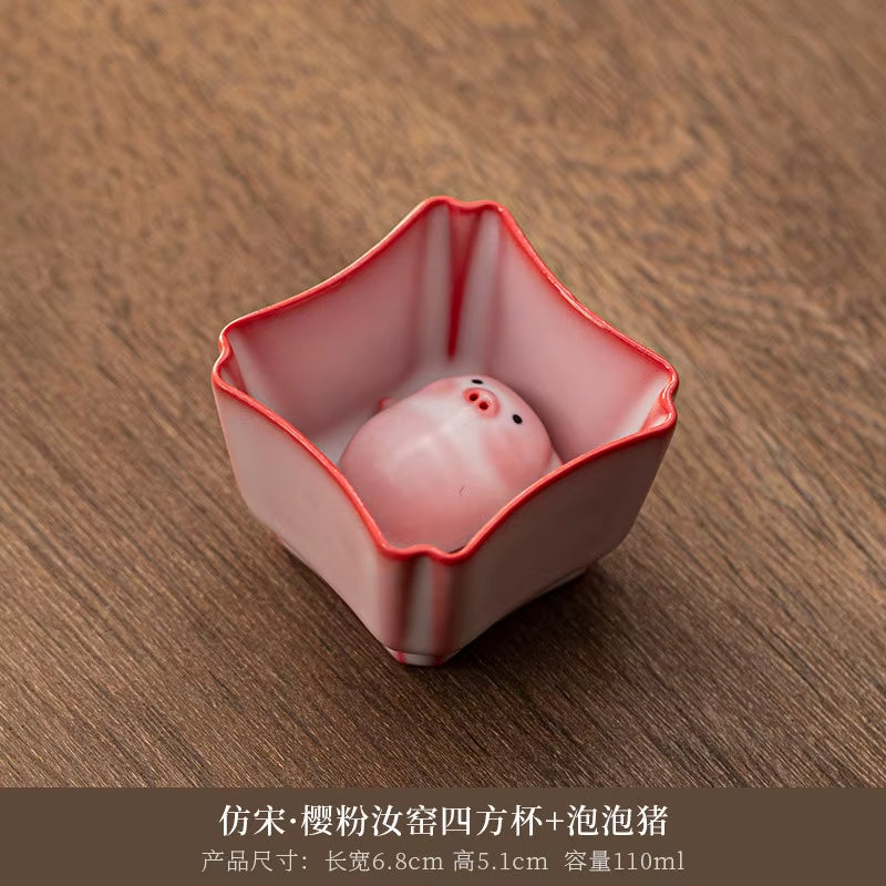 Bubble-Blowing Pig Tea Pet, Celadon Glaze Teacup,Creative Gongfu Tea Set | Unique Gift