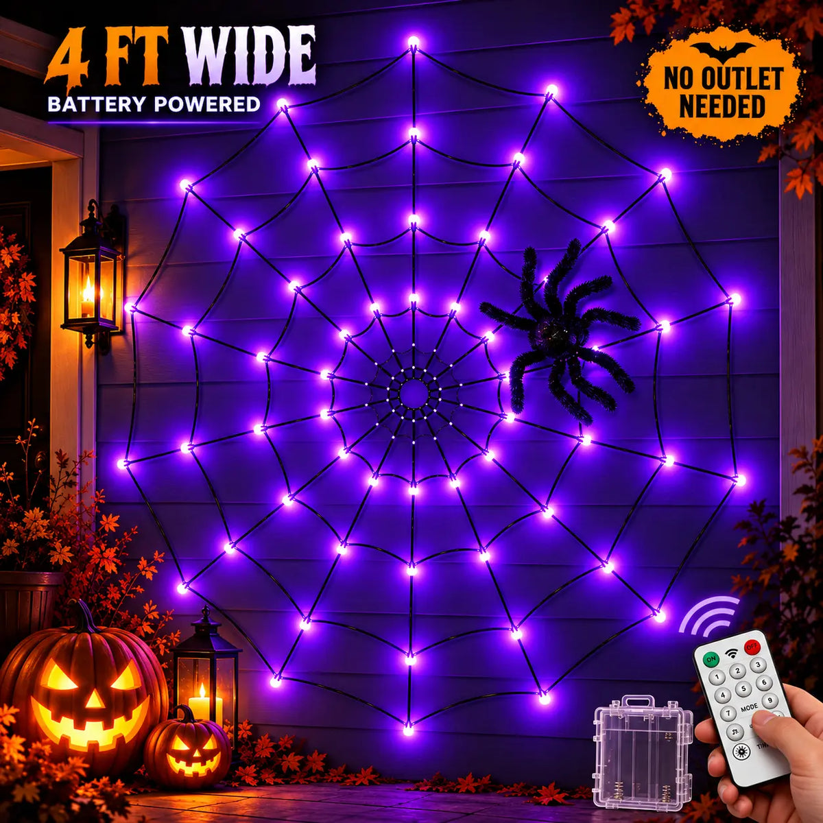 Halloween Spider Web LED Lights, 47In Battery-Powered Set with Remote Control, 8 Lighting Modes, Purple Fuzzy Spider, Glow Effect for Spooky Vibe Wall, Porch, Bedroom Inspo Festive Decor