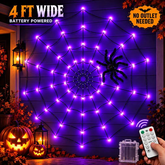 Halloween Spider Web LED Lights, 47In Battery-Powered Set with Remote Control, 8 Lighting Modes, Purple Fuzzy Spider, Glow Effect for Spooky Vibe Wall, Porch, Bedroom Inspo Festive Decor
