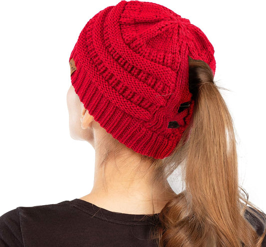Exclusives Soft Stretch Cable Knit Messy Bun Ponytail Beanie Winter Hat for Women (MB-20A)(CCB-1)