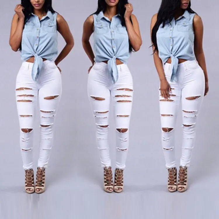 High Waist Women's Ripped Denim Skinny Jeans