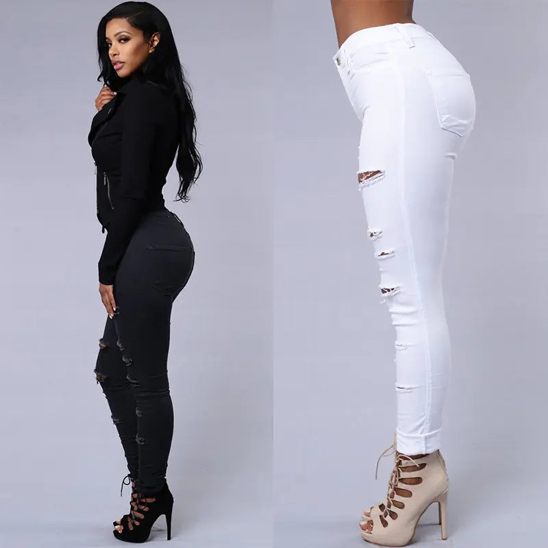 High Waist Women's Ripped Denim Skinny Jeans